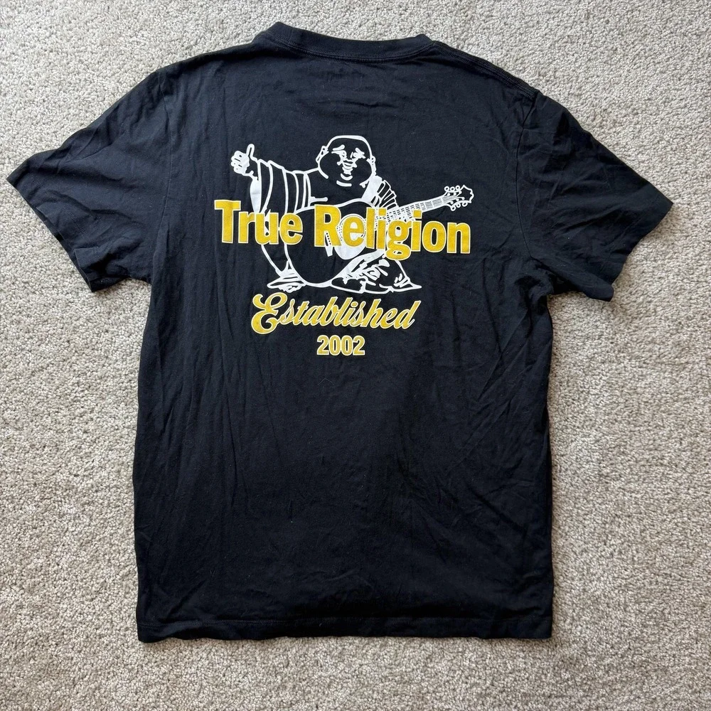 True Religion Established 2002 Shirt Mens Medium Black Guitar Logo Tee T-Shirt